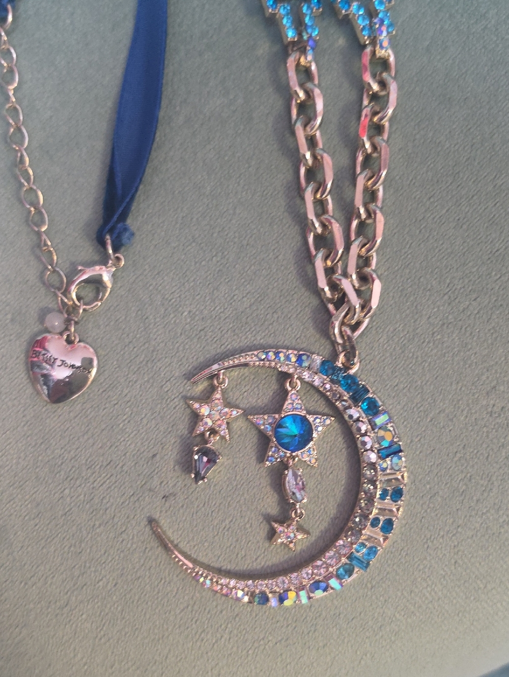 Betsey Johnson Gold-Tone Crescent Moon Necklace with Blue Crystals